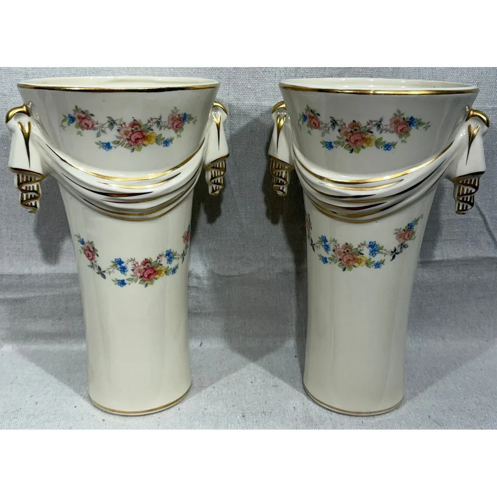 Vintage 1950s Floral Ceramic Mantel Vases Gold Gilt Draped Swag Pair P-133
